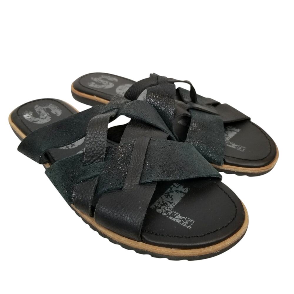 Sorel Ella Slide Sandals Black Leather Criss Cross Straps Women's Size 7